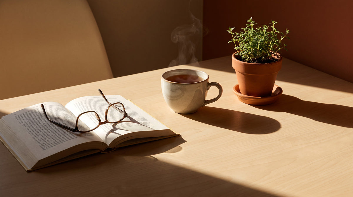 Table de cuisine au matin, lunettes posées sur un livre