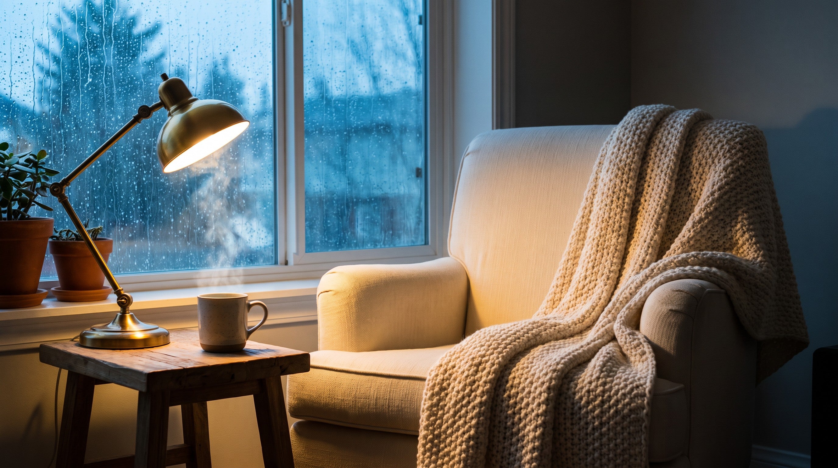 Fauteuil près de la fenêtre un soir de pluie, plaid et tisane