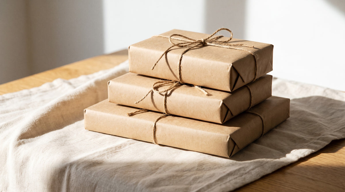 Trois colis kraft ficelés sur une table en bois
