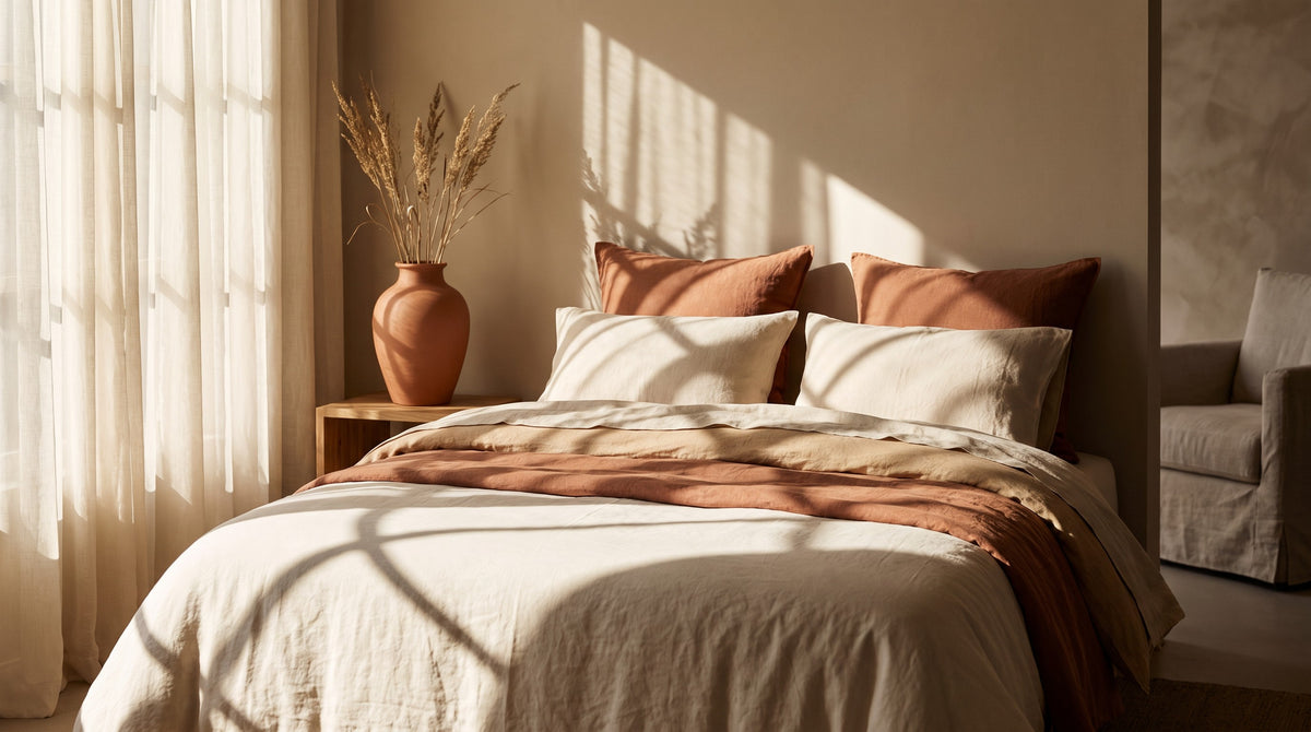 Chambre calme au petit matin, linge de lit crème
