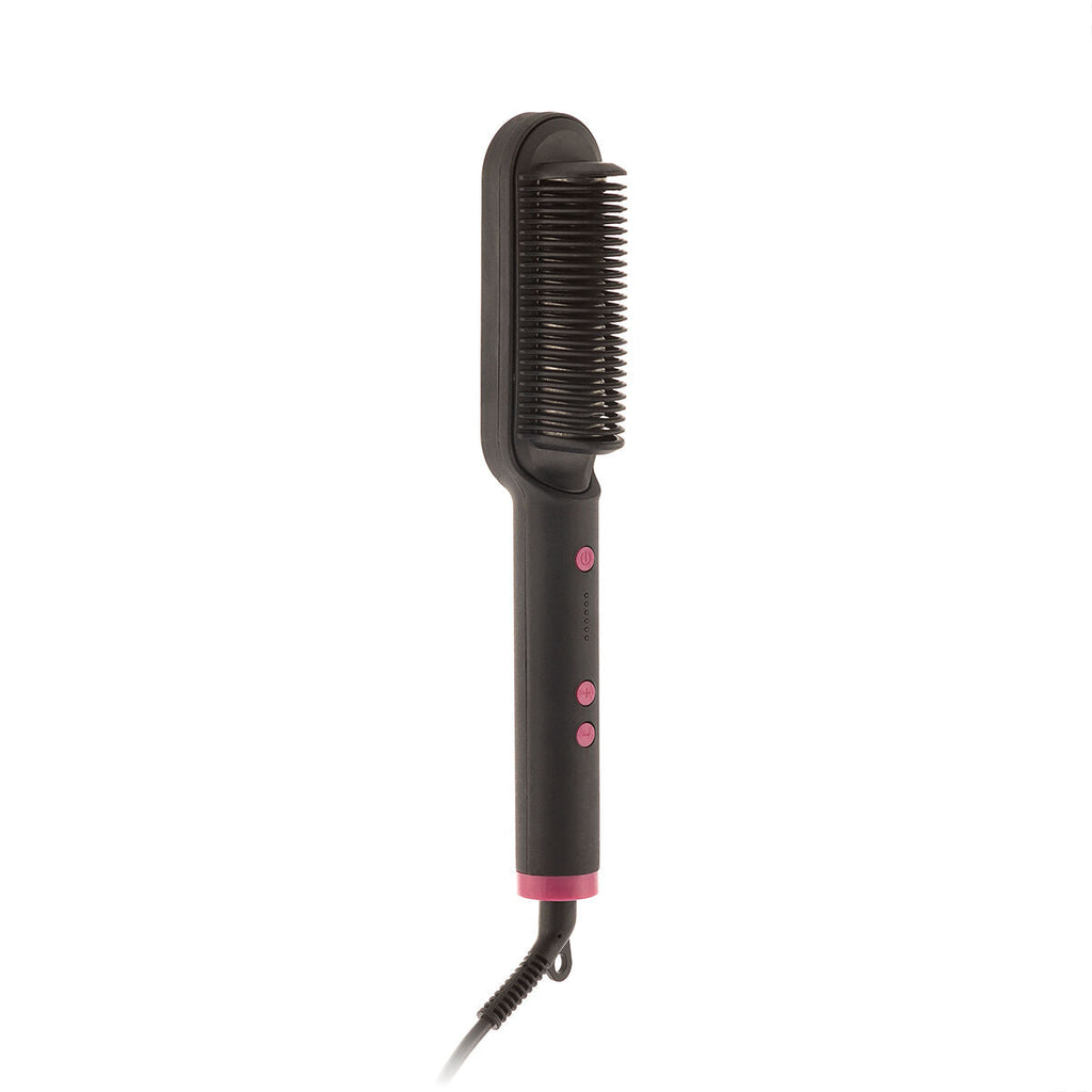 Brosse lissante noire vue de face sur fond blanc, picots en céramique, boutons roses et bague rose à la base du cordon