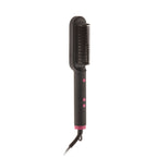 Brosse lissante noire vue de face sur fond blanc, picots en céramique, boutons roses et bague rose à la base du cordon