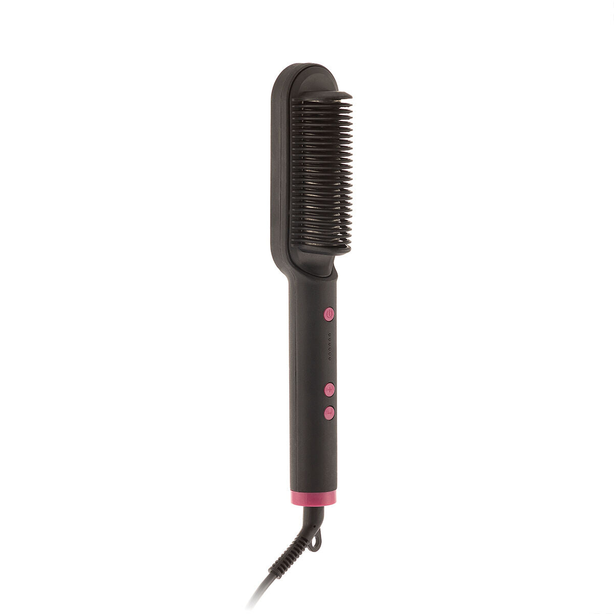 Brosse lissante noire vue de face sur fond blanc, picots en céramique, boutons roses et bague rose à la base du cordon